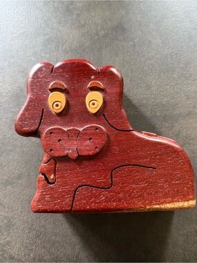 Handmade Wooden Dog Puzzle Box - Red Brown with Yellow Eyes